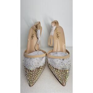 Keiza Light Nude Patent Rhinestone Pointed-Toe Ankle Strap Pumps Size 9